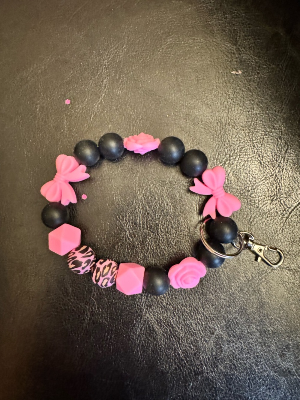 Pink & Black Beaded Keychain Bracelet wristlet